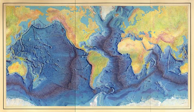 Painting of the mid-ocean ridge by Heinrich Berann based on the work by Marie Tharp and Bruce Heezen