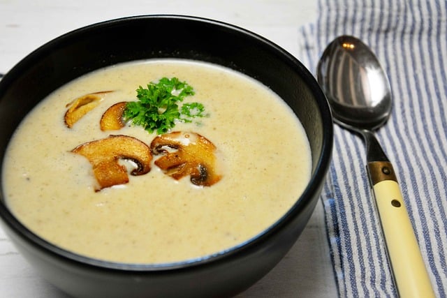 Picture of edible mushroom Agaricus bisporus made into mushroom soup. You can easily find these at the grocery store!