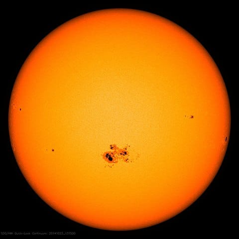 Example of sunspots. Even though this is a singular picture, sunspots are mobile and move around the surface of the Sun