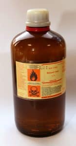 Benzene is usually liquid at room temperature and is stored in glass bottles like these.