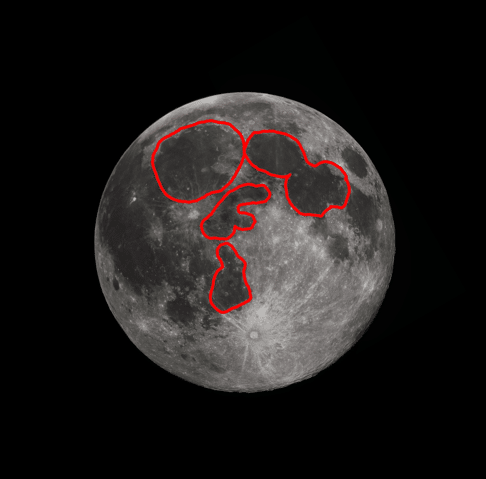 The dark regions of the Moon have dark volcanic soil, while the brighter regions have highland soil.