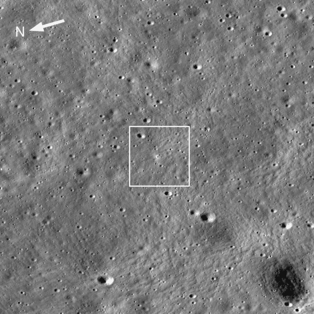 The Chandrayaan-3 lander, pictured as a bright white spot in the center of the box. The box is 1,108 feet (338 meters) wide.