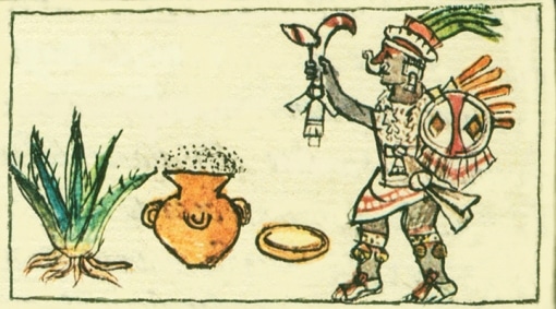 A Mexican illustration depicting the Goddess of the agave plant preparing pulque