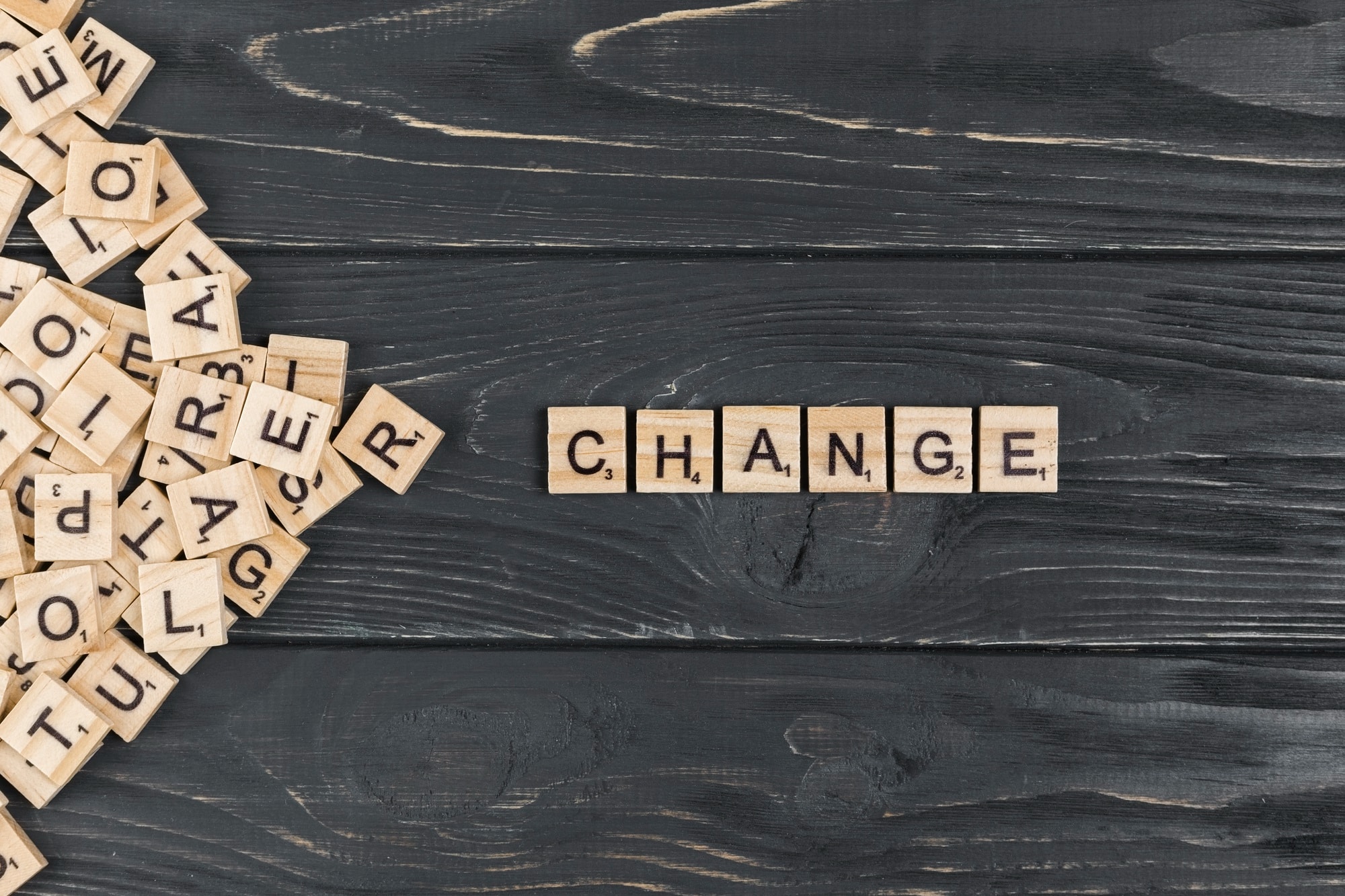 The word change is written with wooden Scrabble letters