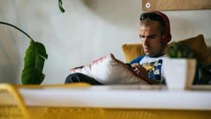 A person wearing noise-canceling headphones