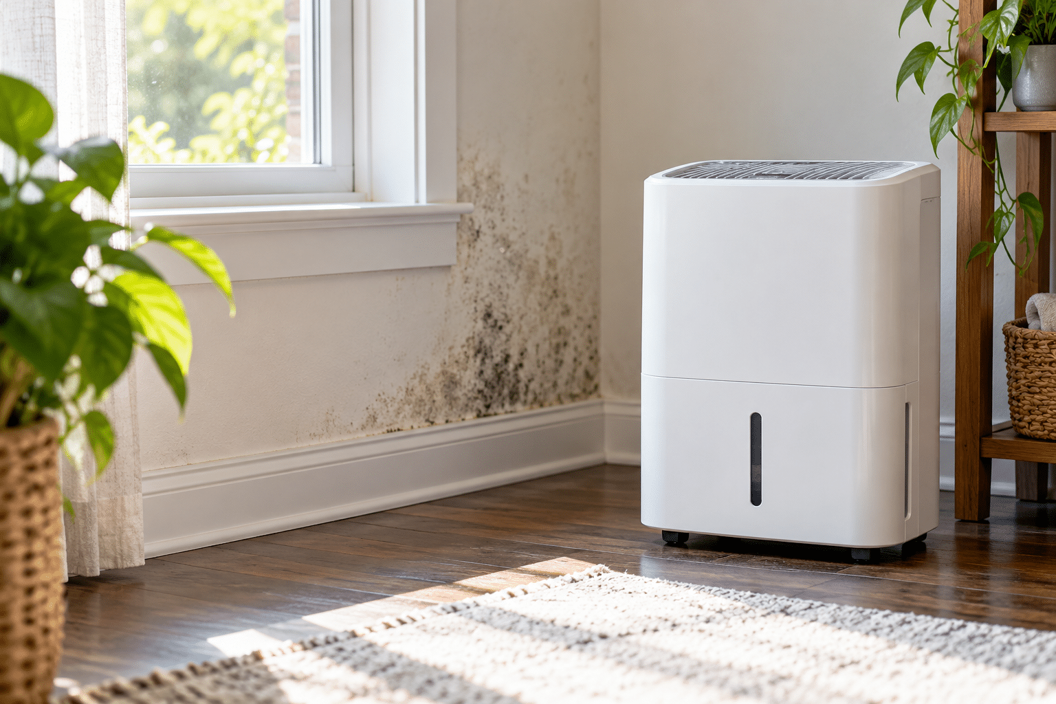 Dehumidifier for mould prevention beside a damp wall with visible mould growth